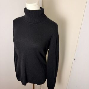 Qi Cashmere 100% Women's Black Knit Turtleneck Long Sleeve Pullover Sweater Sz M